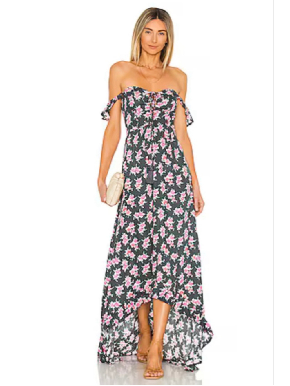 Women's Tiare Hawaii Mia Pink Grey Floral Off-Shoulder Maxi Dress One Size